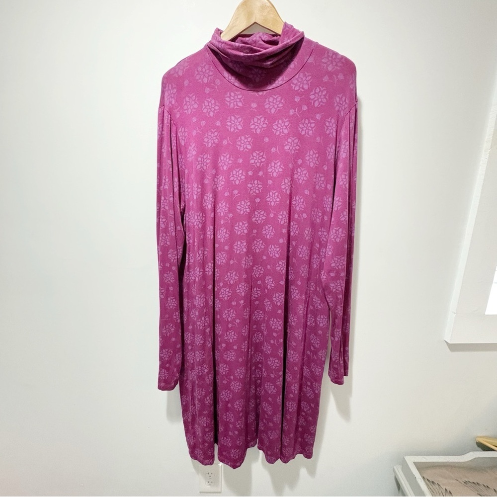 Gudrun Sjoden Purple Floral Long Sleeeve Turtleneck Midi Dress Size XL Pockets